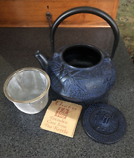 Japanese Tetsubin Blue Cast Iron Teapot Tea Kettle With Infuser Signed - Unused for sale  Shipping to South Africa