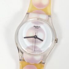 Reloj Swatch AQ Swiss para mujer transparente delgado delgado analógico círculos de cuarzo rosa funciona, usado segunda mano  Embacar hacia Mexico