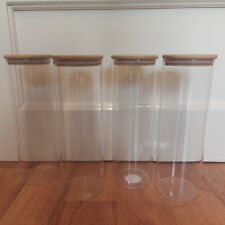 NEW.DUNELM.4 X 30 CM TALL ROUND GLASS FOOD STORAGE JARS WITH AIRTIGHT WOOD LIDS for sale  Shipping to South Africa