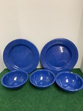 Vintage Blue White Speckled Enamelware 3 Soup Bowls / 4 Plates. for sale  Shipping to South Africa
