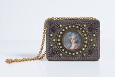 Antiguo retrato francés en polvo compacto del siglo XIX. Esmalte, ormolu, joyas y cadena. segunda mano  Embacar hacia Mexico