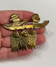 Vintage Brass Fishing Canoe People Fish Dangle 3” Brooch Pin 1960's, used for sale  Shipping to South Africa