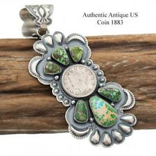 1883 Antique US Coin Silver Pendant Squash Blossom Necklace Turquoise Navajo XL for sale  Shipping to Canada