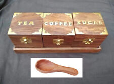 Wooden Tea Sugar Coffee Container Set Handmade Shisham Wood With Wooden Spoon, used for sale  Shipping to South Africa