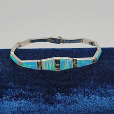 Antigo azul australiano? Pulseira de prata com incrustação de opala painel de elos de alpaca México Boho comprar usado  Enviando para Brazil