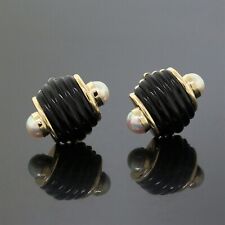 Vintage Trianon 14K Yellow Gold Carved Black Onyx White Pearl Fluted Earrings for sale  Shipping to South Africa
