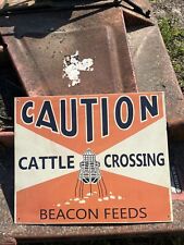 Beacon Feeds Sign Antique Vintage Cattle Crossing Farm Oil Can Gas Pump Seed Tin for sale  USA