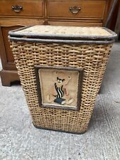 Vintage Brown Woven Wicker Laundry Basket Toy Box with Hinged Lid, used for sale  Shipping to South Africa