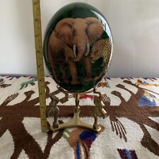 Ostrich Egg w/ African Cheetah Lion Elephant On Brass Elephant 9.5” Stand for sale  Shipping to South Africa