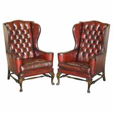 Used, PAIR OF WILLIAM MORRIS FLAT ARM CHESTERFIELD WINGBACK BORDEAUX LEATHER ARMCHAIRS for sale  Shipping to South Africa