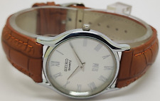 Seiko Slim Quartz New Battery White Face Brown Band Japanese Men's Wrist Watch for sale  Shipping to South Africa