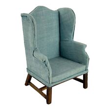 Vintage Dollhouse Miniature Blue Upholstered Wing Back Chair Furniture 3.75 Inch for sale  Shipping to South Africa