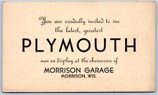Cartão postal WI Morrison garagem novo Plymouth em exposição showroom publicidade A108 comprar usado  Enviando para Brazil
