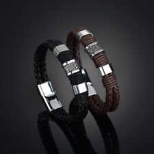 Pulsera cubana negra/marrón de cuero trenzado plateado acero inoxidable cadena para hombre segunda mano  Embacar hacia Mexico