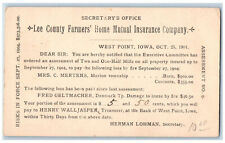 West Point Iowa IA Postal Card Lee County Farmers Home Mutual Ins Co. 1904 for sale  Shipping to South Africa