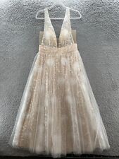HEBEOS Gown Women 10 Nude White Floral Tulle Formal Deep V Neck Maxi Dress for sale  Shipping to South Africa