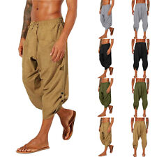 Mens Cotton Linen 3/4 Harem Pants Casual Baggy Loose Yoga Hippie Beach Trousers for sale  UK