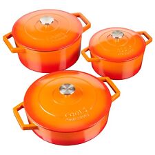 3 Piece Cast Iron Casserole Dish Set Cooking Pot Hob Oven 20/26 cm/28 cm Orange for sale  Shipping to South Africa