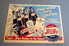 1940'S PEPSI DOUBLE DOT SODA-N.O.S. MORE BOUNCE TO OUNCE-STORE DISPLAY SIGN-15", used for sale  Shipping to South Africa