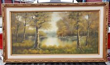 Vintage Original Oil Painting Signed Lake Trees Scene Canvas 48X24 Giant Sized for sale  Shipping to Canada