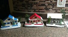 3 Vintage Paper Cardboard Hand Made Christmas Mache House Village Town Red Blue , used for sale  Shipping to South Africa