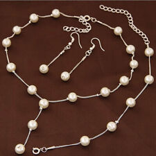 Elegant Women White Pearl Necklace Drop Earrings Bracelet Wedding Jewelry Set till salu  Toimitus osoitteeseen Sweden