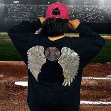 J. America Baseball Sequin Angel Wings Sweatshirt Rhinestones Pullover Top Large for sale  Shipping to South Africa