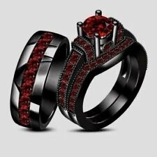 2.50 Ct Round Simulated Red Garnet Trio His & Her Ring Set 14k Black Gold Plated for sale  Shipping to South Africa