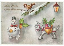 1967 cartolina vintage pupazzo di neve asino gerla regali di Natale uccello ramo usato  Fiumicello Villa Vicentina