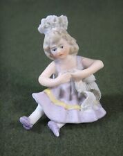 small 2" BISQUE figure seated BLOND GIRL lilac dress DRESDEN LACE BOW for sale  Shipping to Canada