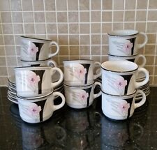 Vintage Hellas Set 6 Cups & Saucers Porcelain Espresso Coffee Pink/black 1980s for sale  Shipping to South Africa