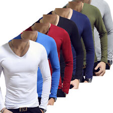 Camiseta masculina manga longa gola V elástica casual sólida slim fit tops comprar usado  Enviando para Brazil