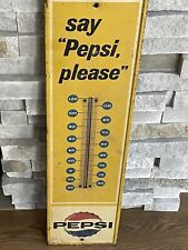 VINTAGE 1963 SAY "PEPSI, PLEASE" W/BOTTLE CAP LOGO METAL THERMOMETER 28” Tall for sale  Shipping to South Africa
