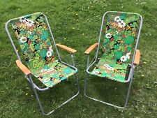 PAIR OF VINTAGE 1970s FOLDING DECK CHAIRS, GREEN FLORAL CAMPING / GARDEN CHAIRS for sale  Shipping to South Africa