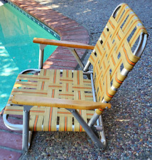 Used, folding patio lounge chair plastic straps tan brown orange armrests aluminum vtg for sale  Shipping to South Africa