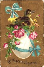 Postal Una Pascua pacífica, dos patos bebés en la parte superior de un huevo, con rosas rojas segunda mano  Embacar hacia Argentina