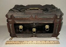 Antique Tramp Art Wood Chip Carved Jewelry Table Box w/ Working Key Folk Art, used for sale  Shipping to South Africa