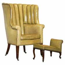 REGENCY CIRCA 1815 FLUTED BARREL BACK LEATHER WING ARMCHAIR & MATCHING STOOL for sale  Shipping to South Africa