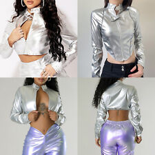 Women's Coat Standing Collar Jacket Motto Party Crop Top Metallic Dancewear Dance, used for sale  Shipping to South Africa