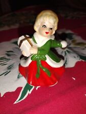 Vintage Lefton Christmas shopping Girl ceramic figurine Green coat, used for sale  Saint Clair