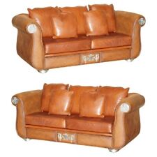 RARE PAIR OF THOMASVILLE SAFARI BROWN LEATHER WOVEN SOFAS PART OF LARGE SUITE for sale  Shipping to South Africa