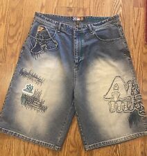 Shorts jeans vintage Akademiks Y2K hip hop detalhado borda crua adesivos tamanho 38 comprar usado  Enviando para Brazil