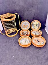 7pc Vintage Rattan Bamboo Pressed Butterfly Acrylic Coasters With Carrier READ for sale  Shipping to South Africa