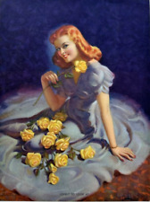 Usado, Impressão pin-up arte vintage Frahm linda de se ver, beleza ruiva e rosas amarelas comprar usado  Enviando para Brazil
