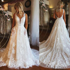 Lace Boho Wedding Dresses with Pockets V Neck Tulle A Line Backless Bridal Gowns, used for sale  Shipping to South Africa