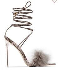 MISS LOLA LACE UP HIGH HEELS Sandals Size 7.5 Snakeskin Feather Fluffy Faux Fur for sale  Shipping to South Africa