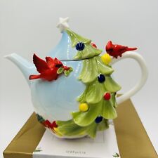 Pier 1 Imports Teapot Porcelain Cardinals & Christmas Tree Hand Painted Ceramic for sale  Shipping to South Africa