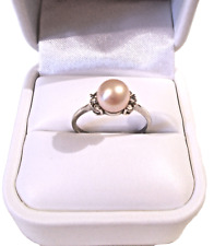 Anillo de perlas cultivadas solitario rosa con diamantes conjunto en oro blanco 14K - Talla 8 segunda mano  Embacar hacia Argentina