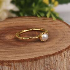 Hammered 18k Gold Plated Thin Pearl Ring 925 Silver Engagement Stackable Ring for sale  Shipping to South Africa