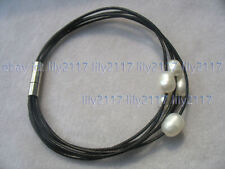 Fashion 5 Rows 8-9mm Natural White Freshwater Pearl Black Leather Bracelet 8'' for sale  Shipping to South Africa